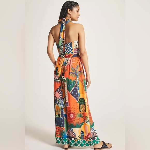 Farm Rio Anthropologie Halter Jumpsuit Wide Leg Bohemian Southwestern Print L - Picture 11 of 11